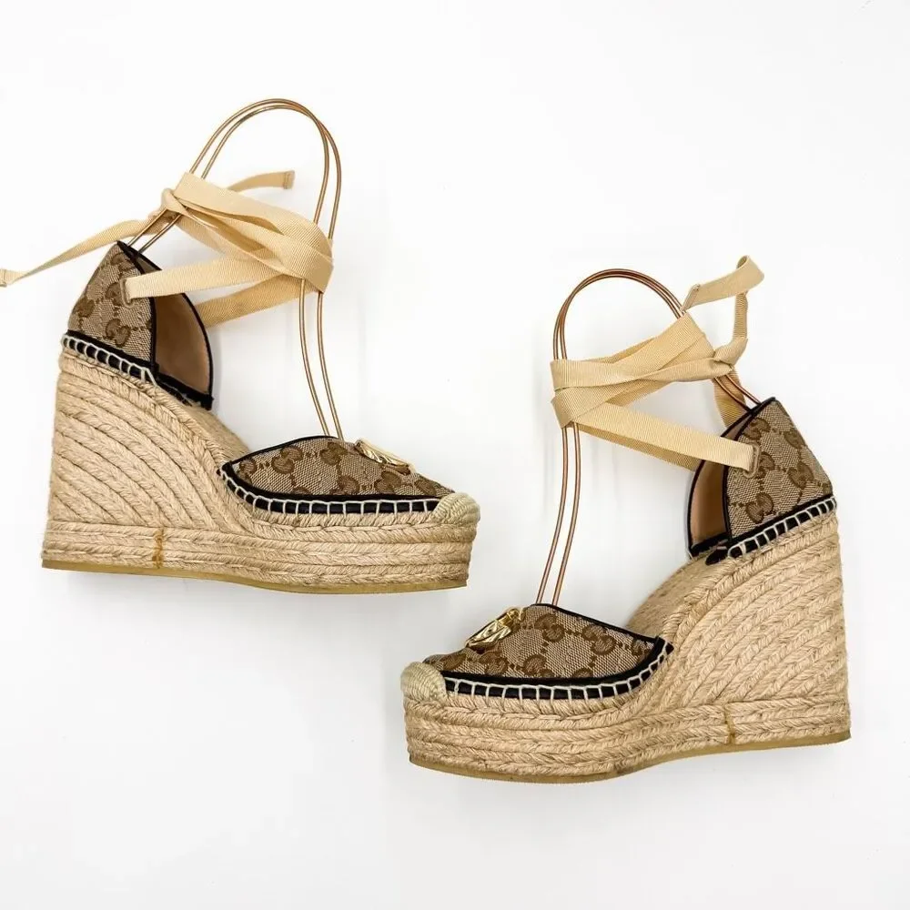 Gucci GG Espadrille Wedge Sandal EU 38 US 8 Monogram Canvas Ankle Wrap